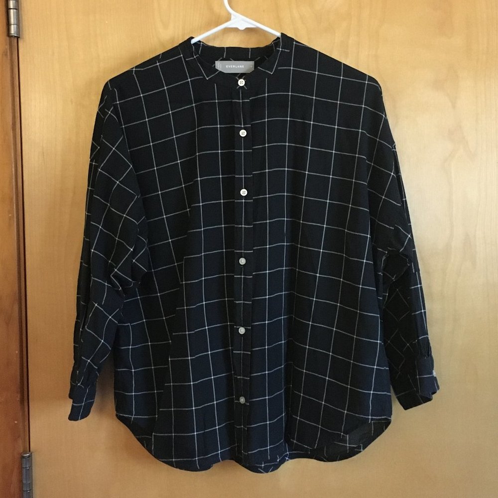 Everlane Collarless Air Shirt, Black check, Women's, Size 6